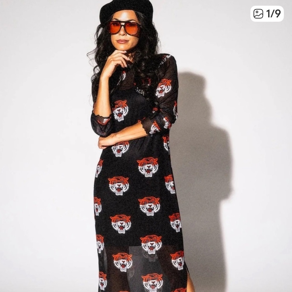 NWOT Dressed in LALA Black Mesh Dress with Fierce Tiger Design